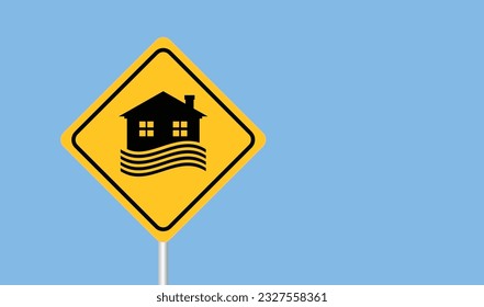 Flood area sign, natural disaster with house, heavy rain and storm , damage with home, clouds and rain, flooding water in city, Flooded house.
