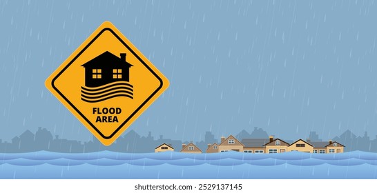 Flood area sign, natural disaster with house, heavy rain and storm
