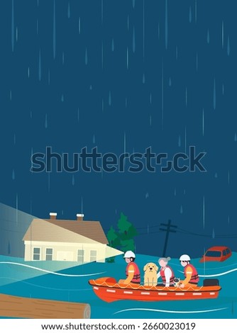 Flood background vector illustration. Flood rescue teams helping elderly person and pets from floodwaters at night.