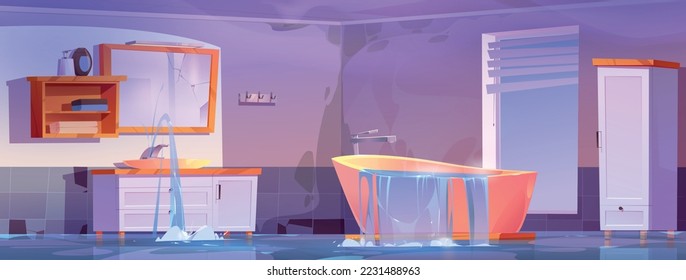 Überschwemmung im Badezimmer mit kaputtem Klempner. Wohnraum-Waschraum-Inneneinrichtung mit Leckage aus Wasserhahn und Badewanne, Wasser auf dem Boden, alter Spiegel und Regal mit Handtücher an der Wand, Vektorgrafik-Illustration