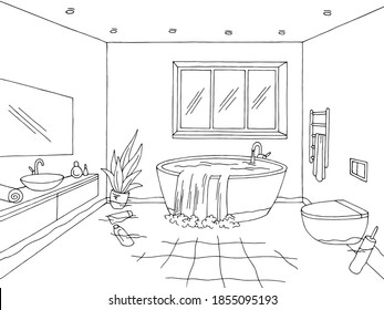 Flood in bathroom graphic home interior black white sketch illustration vector