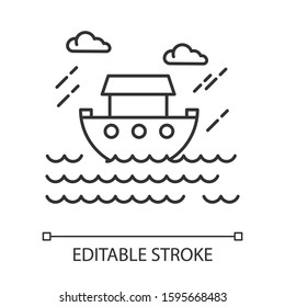 The Flood Bible story linear icon. Noah Ark. Sacred ship in worldwide water. Biblical narrative. Thin line illustration. Contour symbol. Vector isolated outline drawing. Editable stroke