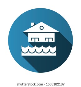 Flood blue flat design long shadow glyph icon. Overflow of water. Sinking house. Submerged building. Flooding locality. Sea level rise. Natural disaster. Vector silhouette illustration