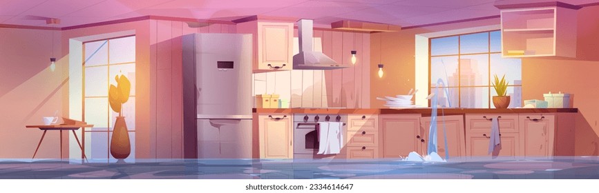 Flood and broken home kitchen room cartoon vector illustration. Abandoned and damage rustic house interior with insurance leak problem background. Sunny ray in window with cityscape view near table