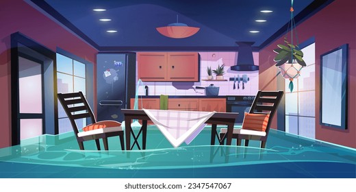 Inundación en el fondo de la caricatura vectorial de la sala de la cocina rota. Problema con la fuga de tuberías en una casa abandonada y desordenada. Desastre de fugas en la escena del día sin nadie y aguas residuales en el piso del departamento.