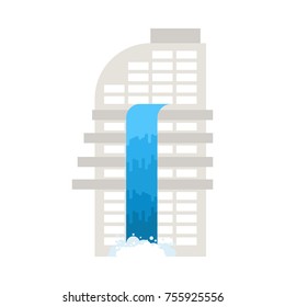 Flood In Building. Deluge In Office. Stream Of Water Flows From  Windows. Emergency. Vector Illustration
