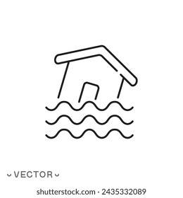 flood buildings icon, house in water waves, flooding rising levels, thin line symbol isolated on white background, editable stroke eps 10 vector illustration