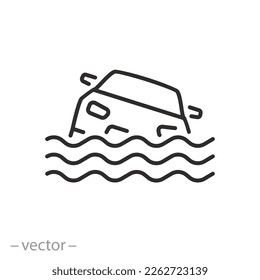 flood car icon, flooded road, natural disaster, auto in water waves, line symbol on white background - editable stroke vector illustration eps10