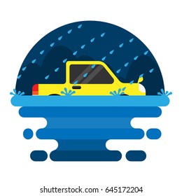 Flood car on the heavy raining day flat scene vector design.