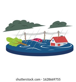 Flood cartoon vector illustration. Inundation, deluge. Flowing water. Flooded living area. Cataclysm. Heavy rain. Extreme weather conditions. Flat color natural disaster isolated on white background