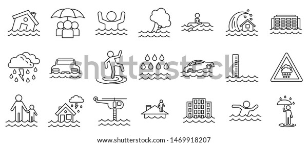 Flood\
cataclysm icons set. Outline set of flood cataclysm vector icons\
for web design isolated on white\
background