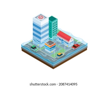 Flood city isometric. climate change raining storm impact in town illustration vector