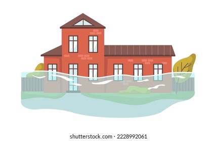 Flood and climate change consequences. Natural disaster and catastrophe, cataclysm and damage of houses and infrastructure, waves of water. Vector in flat style