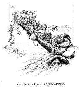 Inundación en el valle del Congo, esta escena muestra que ha llegado una inundación y diferentes animales -un elefante, tigres, leones y monos en el tronco del árbol sobre el agua, vaca y jirafa en el agua, dibujo de la línea de cosecha