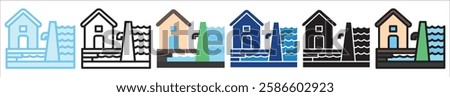 Flood Control multi style, mini illustration icon. outline, flat, glyph, line color, UI, UX, app and web, digital or print. For education, construction, transportation, environment, urban planning.