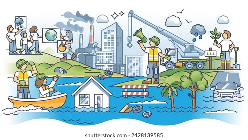 Flood crisis management with rescue operation after disaster outline concept. Global warming and water level rising risk awareness vector illustration. Emergency services working for city recovery.