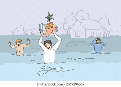 Flood and damaged estate concept. Group of unhappy stressed people walking through flood with pieces of belongings feeling panic vector illustration 