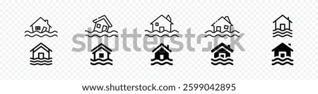 Flood Damaged House Icon, Representation of Submerged Property Due to Natural Disasters, House Submerged in Water Flood Damage Icon