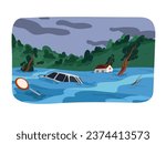 Flood, deluge, inundation disasters. Submerged city, landscape. Houses, cars douse in water stream. Weather cataclysm, natural catastrophe, tsunami. Floodwater calamity. Flat vector illustration