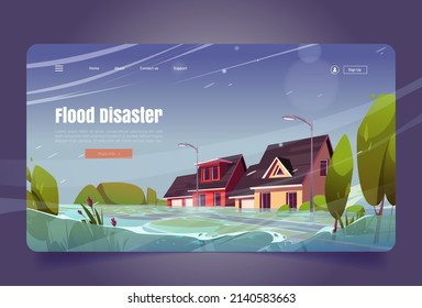 Flood disaster banner with water stream on street with houses at rainy weather. Vector landing page of nature cataclysm with cartoon illustration of inundation and storm in city