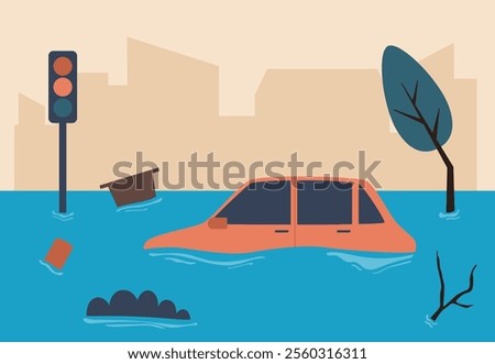 Flood disaster with cars sinking vector design illustration