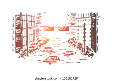 Flood, disaster, city, street, danger concept. Hand drawn flood in city, cars and buildings in water. Nature disaster concept sketch. Isolated vector illustration.