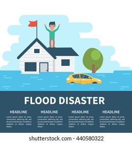 Flood disaster concept illustration with infographic elements. Flood disaster infographic.