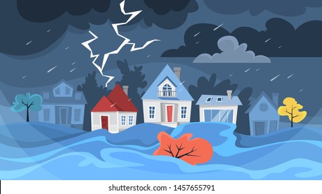 Concepto de desastre de inundación. Tormenta en la ciudad, desastre natural. Agua en la calle, fuerte lluvia. Construyendo en la ciudad bajo el agua. Ilustración vectorial en estilo de caricatura