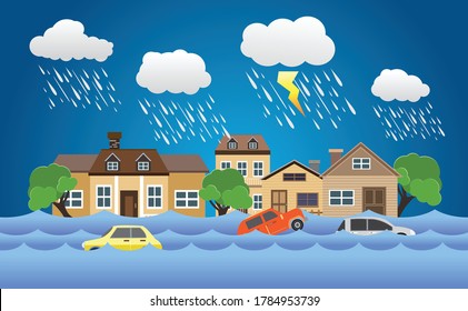 Flood disaster, flooding water in city street, vector design