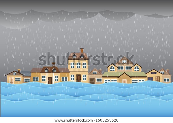 Flood disaster, flooding water in city street,\
vector design