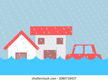 Flood Disaster With House And Car.Flooding Water Beacause Heavy Rain.Natural Disaster From Storm Damage With Home.Inforgraphic Or Insurance.Cartoon Vector Illustration.