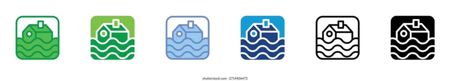 Conjunto de iconos de desastres de inundación: casa sumergida en agua, desastre natural, símbolo de impacto del cambio climático en múltiples estilos y Colores