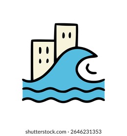 Flood disaster icon with tall buildings submerged in water and large blue wave, flat cartoon style