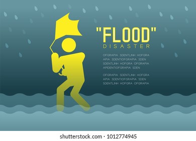 Flood Disaster of man icons pictogram with broken umbrella design infographic illustration isolated on dark gradient background, with Flood Disaster text and copy space