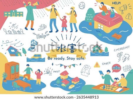 Flood and Disaster Preparedness Illustration Set Japanese kanji character"kozui""flood"