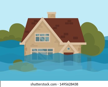 Flood disaster. Private house underwater. Disaster insurance. Vector illustration, flat design, cartoon style. Front view. 
