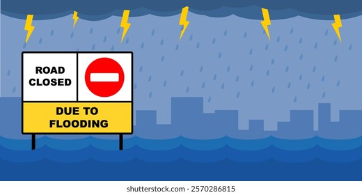 Flood disaster road sign vector illustration background for infographic and emphaty purpose. Flooding clip art template. Natural disaster