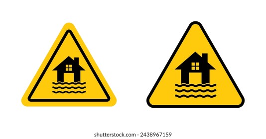 Flood disaster sign. natural tsunami damaged home vector icon. Flood warning sign.