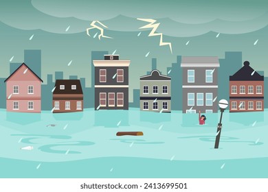 Desastre de inundaciones en la ciudad con lluvia e tormenta. Edificios inundados. El cambio climático. Ilustración vectorial.