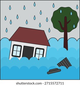 Ilustración vectorial de desastre por inundación que muestra una casa sumergida durante las fuertes lluvias, el aumento del nivel del agua y el bote de basura flotante