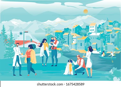 Flood Disaster Vector Illustration. Water Overflow House Damage. Ambulance Car Near River. Doctor Medical Help To People. Volunteer Man Rescue Woman On Boat. Hurricane Monsoon Storm Danger