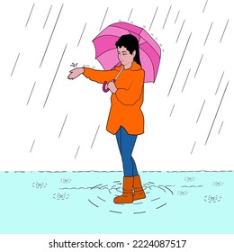 Flood Disaster, Woman holding umbrella, walking under the rain on rainy day. woman characters vector illustration.