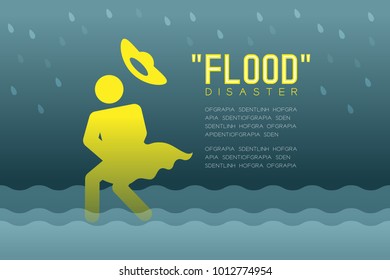 Flood Disaster of woman icons pictogram with floppy hat design infographic illustration isolated on dark gradient background, with Flood Disaster text and copy space