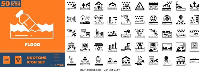 Flood Duotone Editable Icons set. Vector illustration in modern thin duotone style of flood icons: home, river, disaster, etc