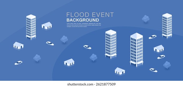 Ilustração de evento de inundação em uma cidade isométrica com veículos submersos e casas. Conceito visual para temas de emergência, desastre e consciência ambiental.