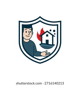 Projeto de vetor de segurança contra incêndio de inundação com um escudo, figura humana, casa, água e elementos de fogo para representar proteção, prontidão para emergências e resposta a desastres. A composição clara comunica segurança, prevenção e controle de riscos. Ideal para sinalização de segurança pública, materiais educacionais, diretrizes de emergência, comunicação de gerenciamento de desastres e campanhas de conscientização. Totalmente escalável para impressão e aplicativos digitais.