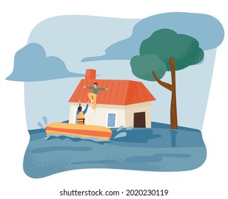 The flood flooded the city. A man is jumping from the roof into a rescue boat. flat design style vector illustration.