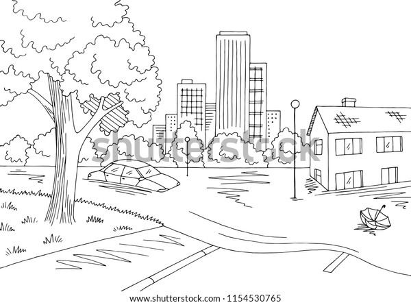 Flood graphic black white landscape city sketch
illustration vector