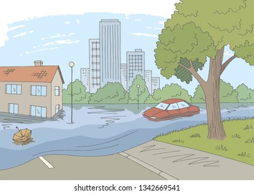 Flood graphic color landscape city sketch illustration vector