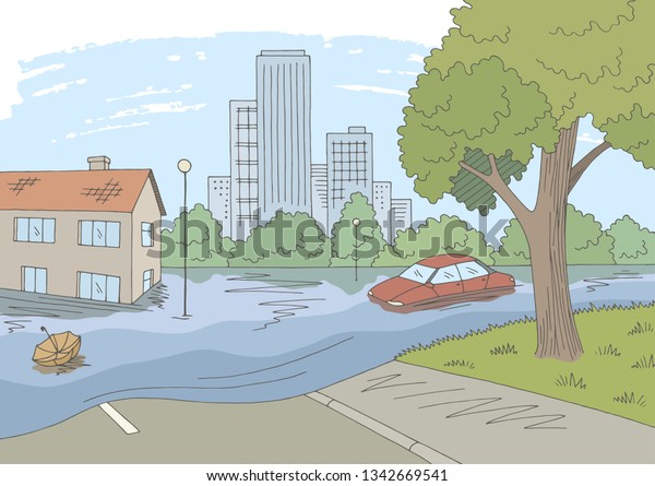 Flood graphic color landscape city sketch\
illustration vector